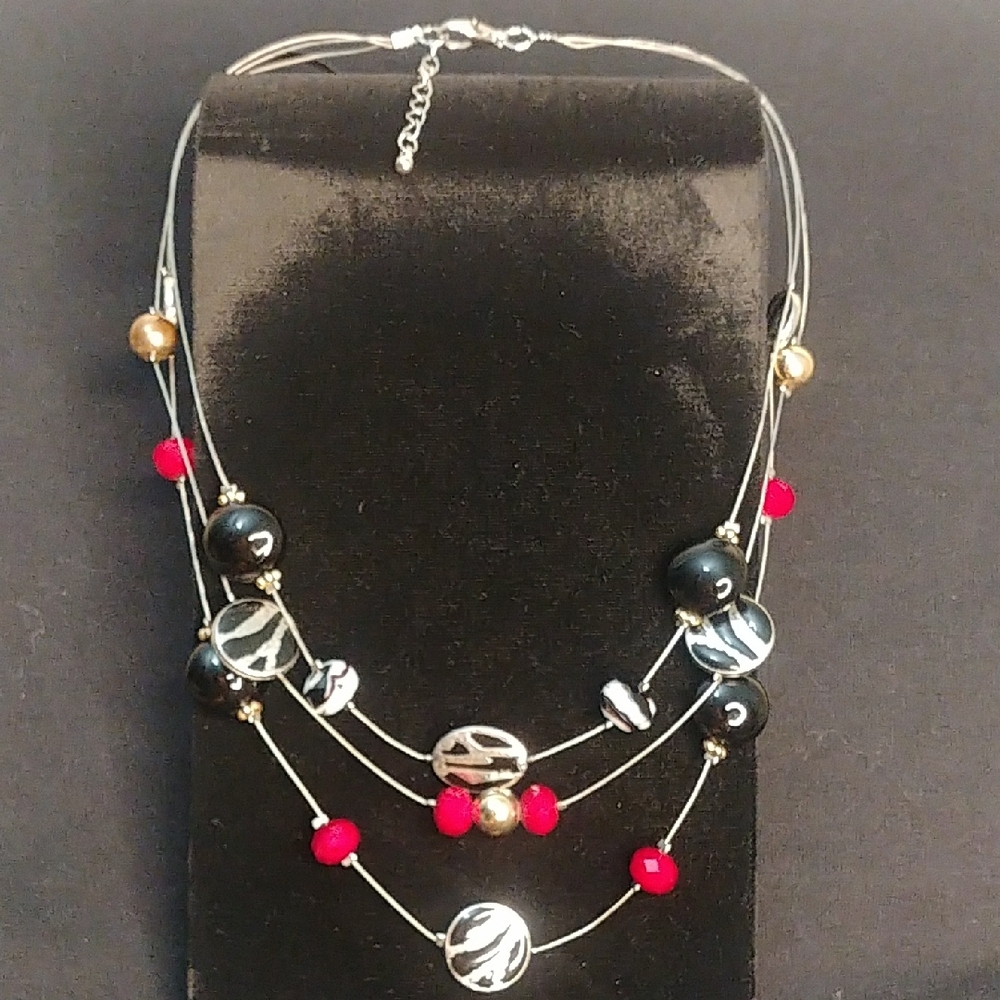 Silver Black Red Bead Statement Piece Necklace